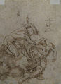 Two Women with Sun and Bird (recto); Two Men Fighting and a Fallen Horse (verso), Anonymous, Italian, Florentine, 16th century, Pen and dark brown ink over black chalk (recto); pen and dark brown ink (verso).  Later framing outline in pen and dark brown ink on recto